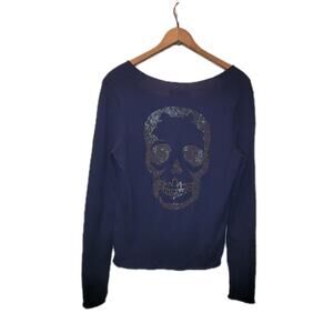Zadig & Voltaire Womens Blue Cotton V Neck Long Sleeve Top Size XS Skull Back